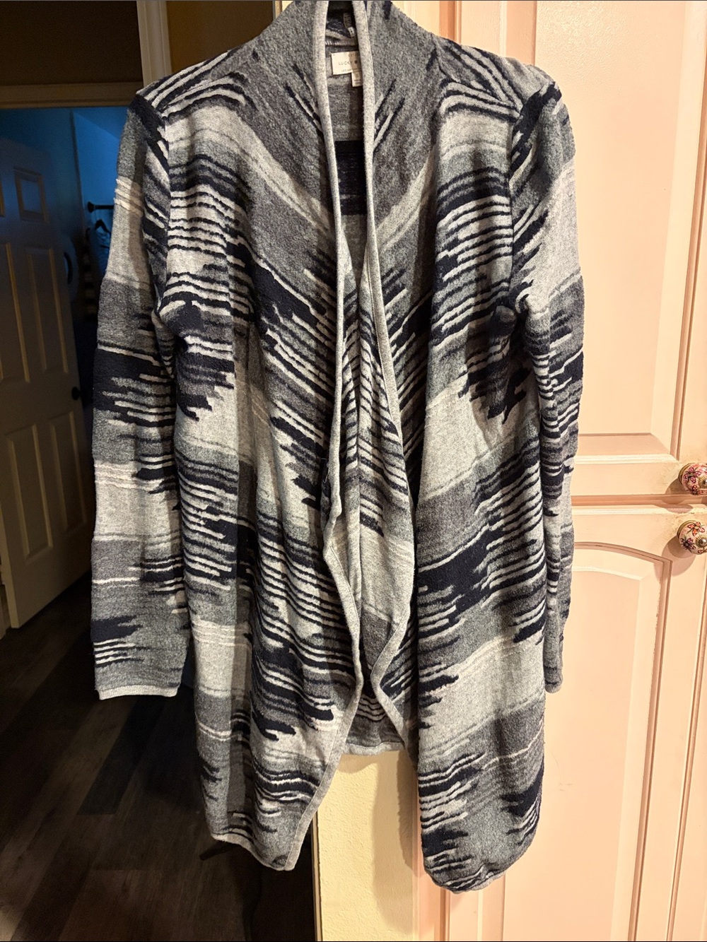 Lucky Brand Aztec design Gray and Navy Striped Open-Front Cardigan
